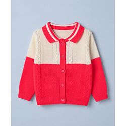 Babyhug Knit Front Open Full Sleeves Polo Collared Sweater & Pant Set with Color Block & Cable Knit - Neon Red