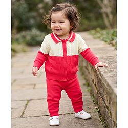 Babyhug Knit Front Open Full Sleeves Polo Collared Sweater & Pant Set with Color Block & Cable Knit - Neon Red