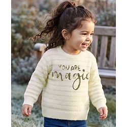 Babyhug Knit Full Sleeves Striped Pullover with You Are Magic Sequins - White