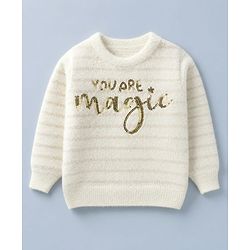 Babyhug Knit Full Sleeves Striped Pullover with You Are Magic Sequins - White