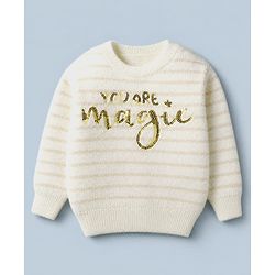 Babyhug Knit Full Sleeves Striped Pullover with You Are Magic Sequins - White