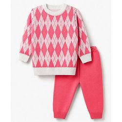 Babyhug Knit Full Sleeves Checked Sweater Set -Pink