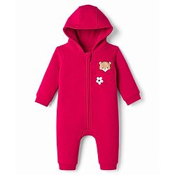 Babyhug Knit Full Sleeves Hooded Winter Wear Romper With Teddy Bear Embroidery - Red
