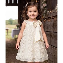 Babyhug Mesh Woven Sleeveless Party Dress With All Over 3D Floral Rosette Applique with Sequence Detailing - Beige