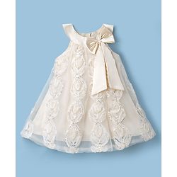 Babyhug Mesh Woven Sleeveless Party Dress With All Over 3D Floral Rosette Applique with Sequence Detailing - Beige