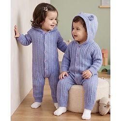 Babyhug Knit Full Sleeves Hooded Winter Wear Romper With Cable Knit Design - Light Blue