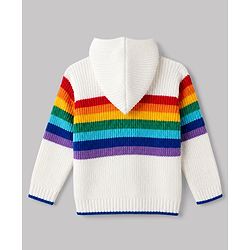 Babyhug Knit Full Sleeves Striped Hooded Front Open Sweater With Patch - White