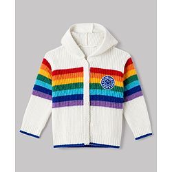 Babyhug Knit Full Sleeves Striped Hooded Front Open Sweater With Patch - White