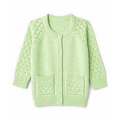 Babyhug Knit Full Raglan Sleeves Embroidered Front Open Sweater - Light Green