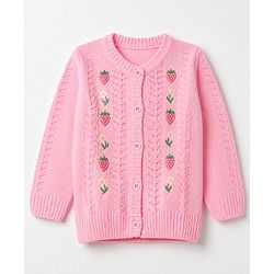 Babyhug Knit Full Sleeves Front Open Sweater with Floral Strawberry Design - Baby pink