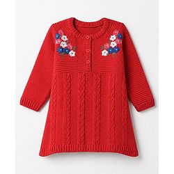 Babyhug Knit Full Sleeves Woolen Dress with Floral Design - Coral