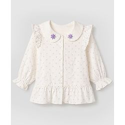 Babyhug 100% Cotton Single Jersey Knit Full Sleeves Top & Leggings Set With Floral Embroidery & Polka Dots Print - Lavender