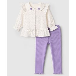 Babyhug 100% Cotton Single Jersey Knit Full Sleeves Top & Leggings Set With Floral Embroidery & Polka Dots Print - Lavender