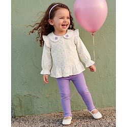 Babyhug 100% Cotton Single Jersey Knit Full Sleeves Top & Leggings Set With Floral Embroidery & Polka Dots Print - Lavender