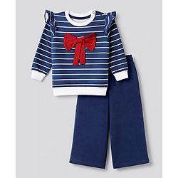 Babyhug 100% Cotton Single Jersey Knit Full Sleeves Striped Top With Bow Applique & Pant Set - Navy Blue