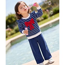 Babyhug 100% Cotton Single Jersey Knit Full Sleeves Striped Top With Bow Applique & Pant Set - Navy Blue
