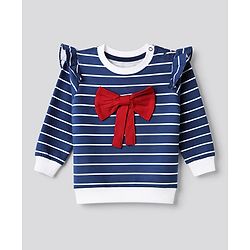 Babyhug 100% Cotton Single Jersey Knit Full Sleeves Striped Top With Bow Applique & Pant Set - Navy Blue