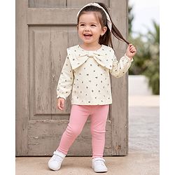 Babyhug 100% Cotton Single Jersey Knit Full Sleeves Floral Printed Top & Leggings - Cream