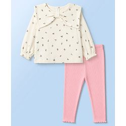 Babyhug 100% Cotton Single Jersey Knit Full Sleeves Floral Printed Top & Leggings - Cream