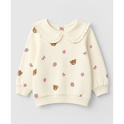 Babyhug 100% Cotton Single Jersey Knit Full Sleeves Top & Leggings Set With Bear & Bow Print - Cream & Pink