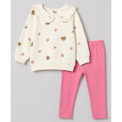 Babyhug 100% Cotton Single Jersey Knit Full Sleeves Top & Leggings Set With Bear & Bow Print - Cream & Pink
