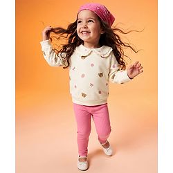 Babyhug 100% Cotton Single Jersey Knit Full Sleeves Top & Leggings Set With Bear & Bow Print - Cream & Pink