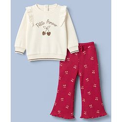 Babyhug 100% Cotton Single Jersey Knit Full Sleeves Cherry Embroidered Top & Pants Set - White & Maroon