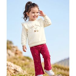 Babyhug 100% Cotton Single Jersey Knit Full Sleeves Cherry Embroidered Top & Pants Set - White & Maroon