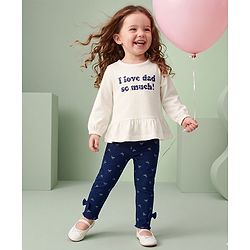 Babyhug 100% Cotton Single Jersey Knit Full Sleeves Top & Leggings Set With Text Print & Bow Applique - White