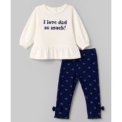 Babyhug 100% Cotton Single Jersey Knit Full Sleeves Top & Leggings Set With Text Print & Bow Applique - White