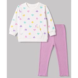 Babyhug 100% Cotton Single Jersey Knit Full Sleeves Heart Printed Top and Leggings - White & Lilac