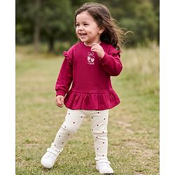 Babyhug 100% Cotton Knit Full Sleeves Heart Embroidered Top & Leggings Set With Heart Print - Maroon
