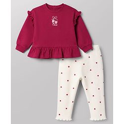 Babyhug 100% Cotton Knit Full Sleeves Heart Embroidered Top & Leggings Set With Heart Print - Maroon