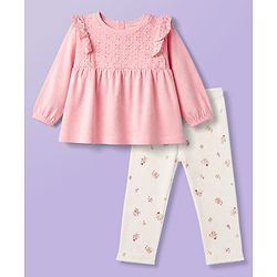 Babyhug Single Jersey Knit Full Sleeves Top & Floral Printed Leggings Set - Pink