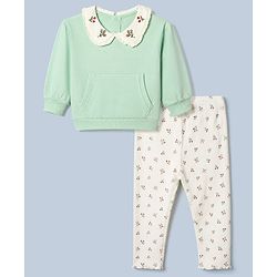 Babyhug 100% Cotton Single Jersey Knit Full Sleeves Top and Leggings Set With Floral Embroidery - Light Green