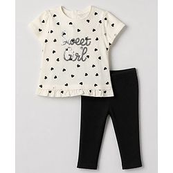 Babyhug 100% Cotton Single Jersey Half Sleeves Top and Leggings with Full Length, Sweet Girl Sequins and Hearts Print - White