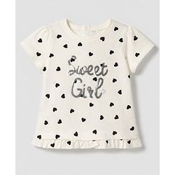 Babyhug 100% Cotton Single Jersey Half Sleeves Top and Leggings with Full Length, Sweet Girl Sequins and Hearts Print - White
