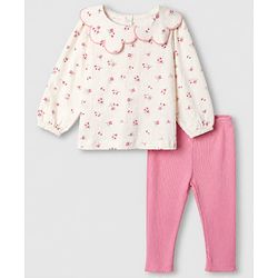 Babyhug 100% Cotton Knit Single Jersey Full Sleeves Top and Leggings with Full Length and Floral Print in White & Pink