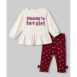 Babyhug 100% Cotton Knit Full Sleeves Top and Leggings Set with Text & Floral Print - White