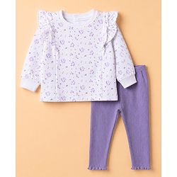 Babyhug 100% Cotton Single Jersey Knit Full Sleeves Top and Leggings with Frill Details and Floral Print - White & Lavender