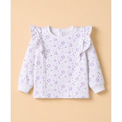 Babyhug 100% Cotton Single Jersey Knit Full Sleeves Top and Leggings with Frill Details and Floral Print - White & Lavender
