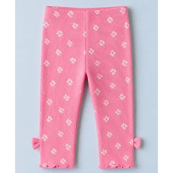 Babyhug 100% Cotton Single Jersey Knit Full Sleeves Top and Leggings with Full Length and Mom' Fav Girl Print & Bow Applique in White & Pink