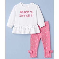Babyhug 100% Cotton Single Jersey Knit Full Sleeves Top and Leggings with Full Length and Mom' Fav Girl Print & Bow Applique in White & Pink