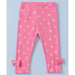 Babyhug 100% Cotton Single Jersey Knit Full Sleeves Top and Leggings with Full Length and Mom' Fav Girl Print & Bow Applique in White & Pink