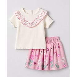 Babyhug 100% Cotton Knit Top and Skirt with Half Sleeves and Floral Print in White