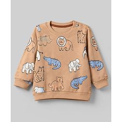 Babyhug 100% Cotton Terry Knit Striped Sweatshirts with Full Sleeves & Animal Print Pack of 2 - Light Blue & Brown