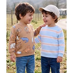 Babyhug 100% Cotton Terry Knit Striped Sweatshirts with Full Sleeves & Animal Print Pack of 2 - Light Blue & Brown