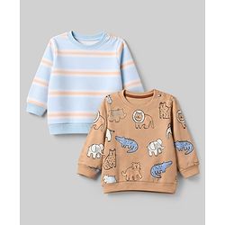 Babyhug 100% Cotton Terry Knit Striped Sweatshirts with Full Sleeves & Animal Print Pack of 2 - Light Blue & Brown