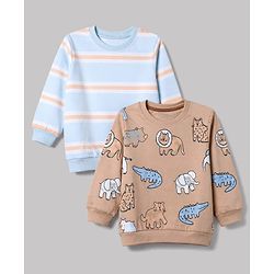 Babyhug 100% Cotton Terry Knit Striped Sweatshirts with Full Sleeves & Animal Print Pack of 2 - Light Blue & Brown