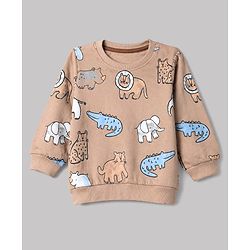 Babyhug 100% Cotton Terry Knit Striped Sweatshirts with Full Sleeves & Animal Print Pack of 2 - Light Blue & Brown